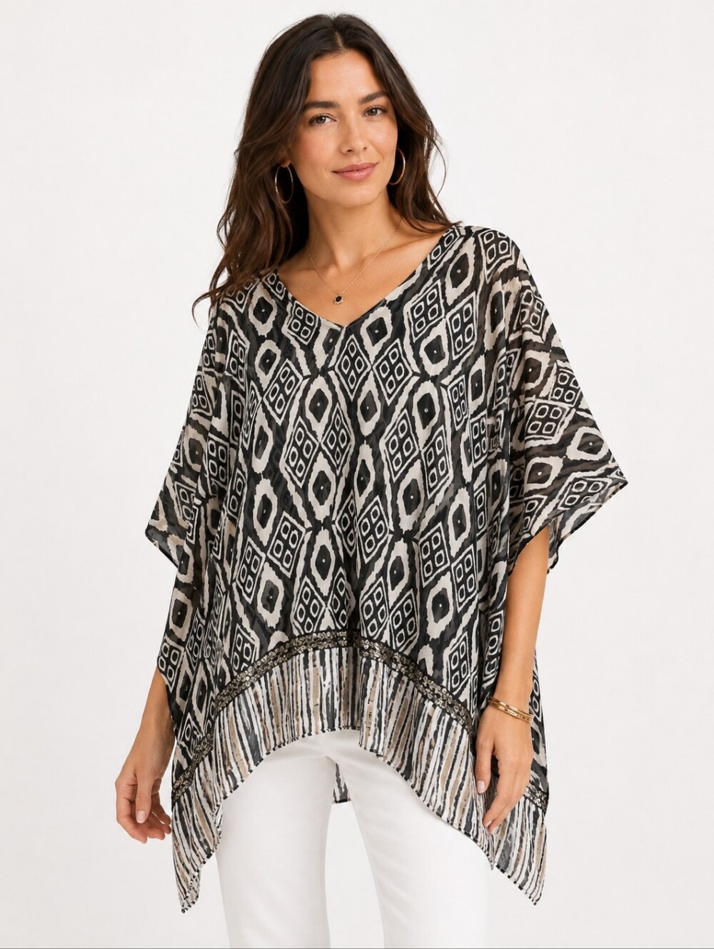 Chico's S/M Black White Geometric Sequin Caftan Poncho Tunic Top Boho Resort